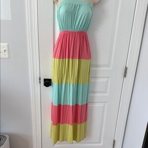 Soprano Strapless Colorblock Maxi Dress in Mint, Pink & Lime